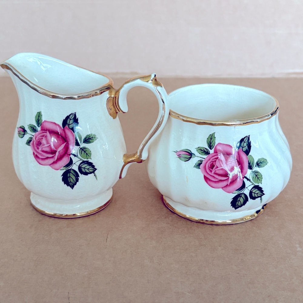 Vintage Sadler Cream and Sugar Bowl Set Pink Rose with gold trim Made in England